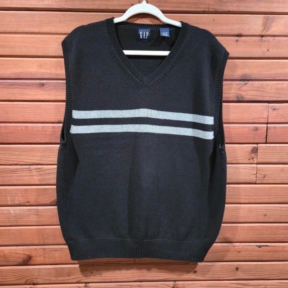 Y2K Mens Size M Black Striped Preppy Indie Skater V Neck Sweater Vest Cotton